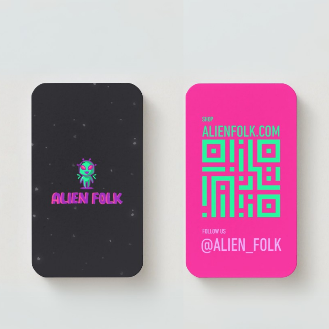 alien business cards pink green