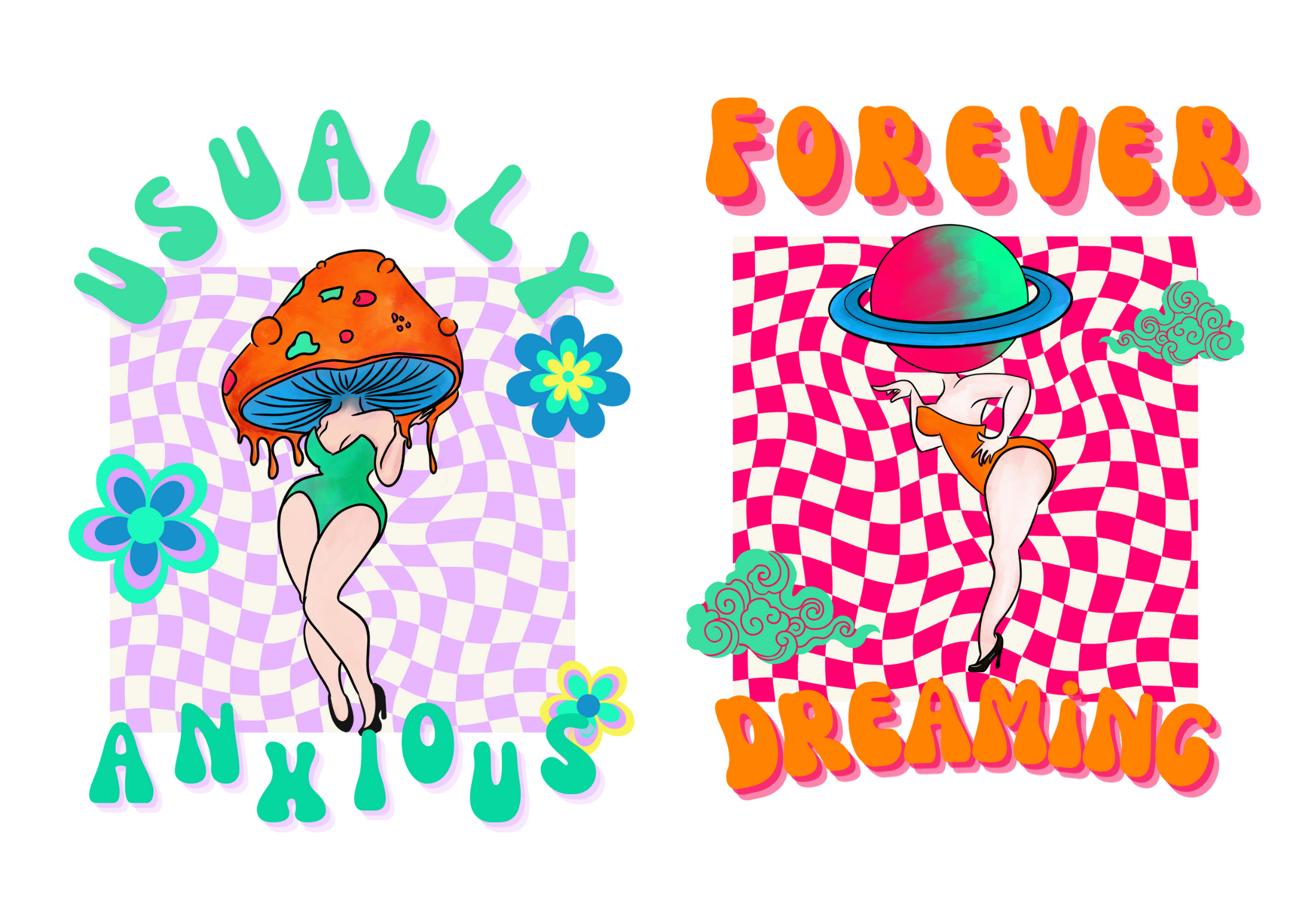 mushroom head print planet pin up girl